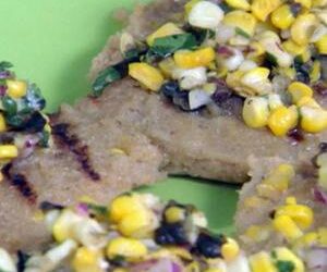 Grilled Grit Cakes with Grilled Corn and Grilled Corn-Green Chile Relish