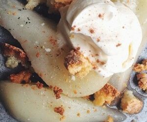 Spiced Poached Pears with Crème Fraîche and Amaretto Cookies