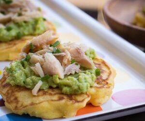 Corn Cakes with Avocado and Smoked Trout