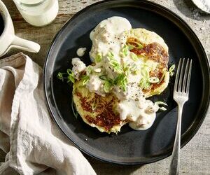 Scallion Potato Cakes with Sausage Gravy