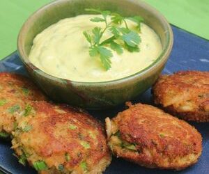 Wasabi Cilantro Aioli with Ginger Crab Cakes